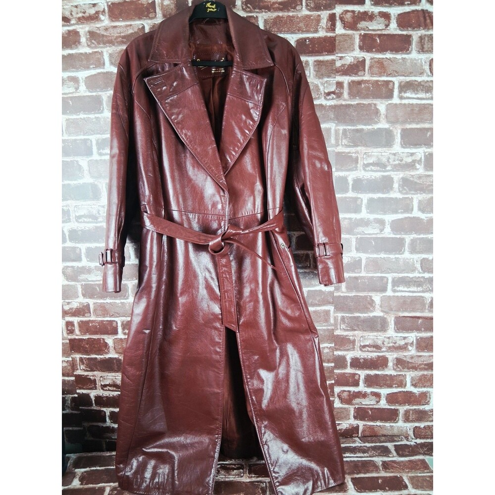 Vintage 70s ETIENNE AIGNER Womens XL Long Leather Trench Coat Belted OXBLOOD